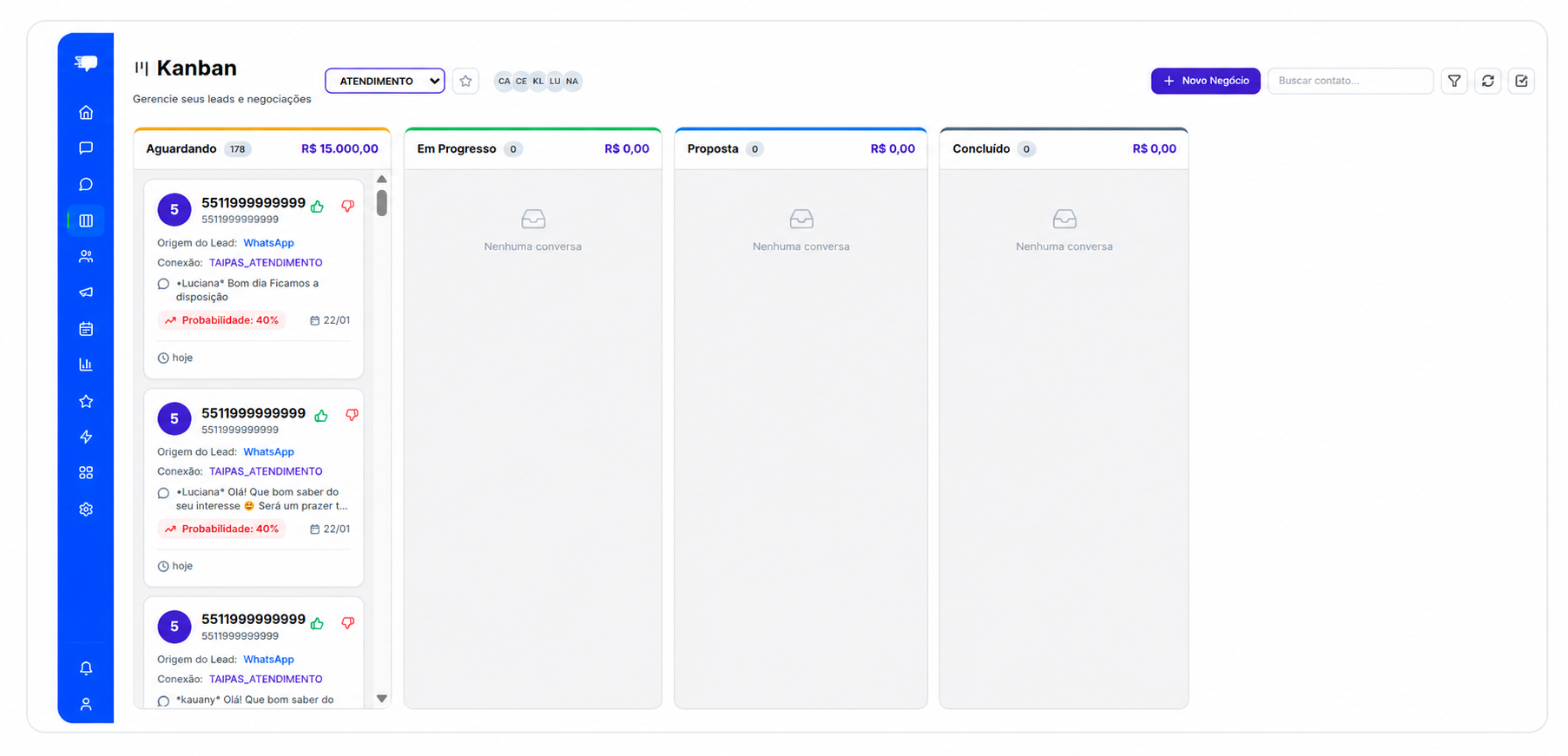 CRM em Kanban do WhatsJá com colunas Aguardando, Em Progresso, Proposta e Concluído